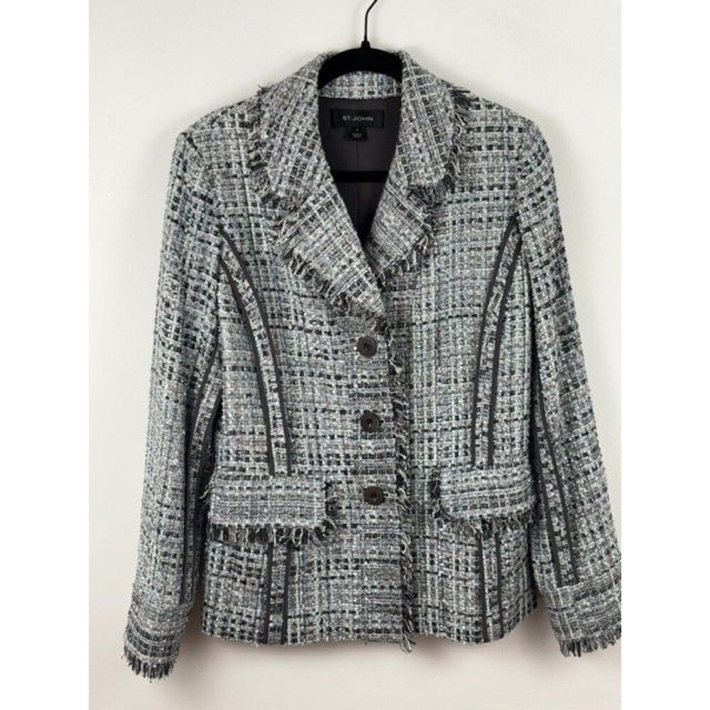 St John Boucle Tweed Blazer Jacket Gray Blue White 10 Cotton Blend Fray Trim